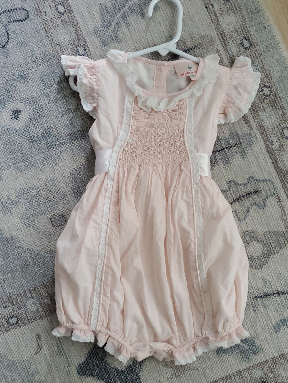 Smockingbird Girls Heirloom Style Light Pink Smocked Lace Bubble Romper Sz3